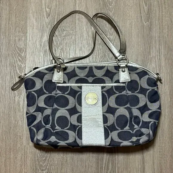 Coach Signature Stripe Gallery Shoulder Bag Navy Jacquard Silver Trim F17948 - Picture 1 of 13